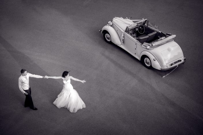 Ball & White Image of Bride & Groom taken from the roof